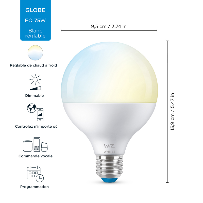 Ampoule connectée E27 Globe 95 Blanc variable