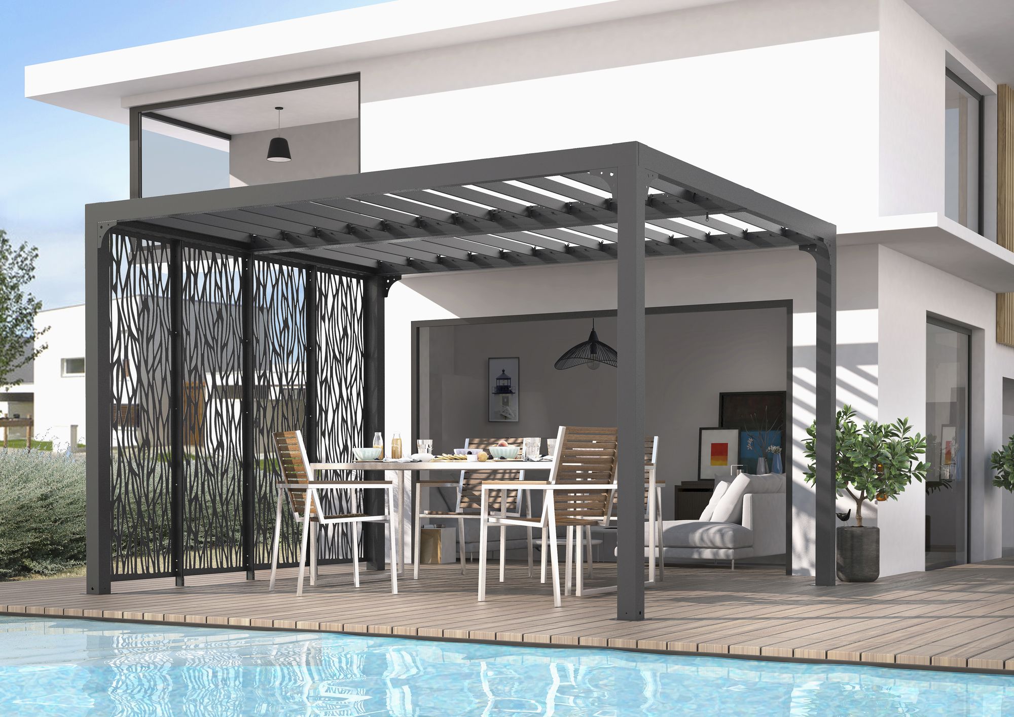 Pergola bioclimatique Aluminium avec 4 panneaux moucharabieh coloris gris pour côté 3 m