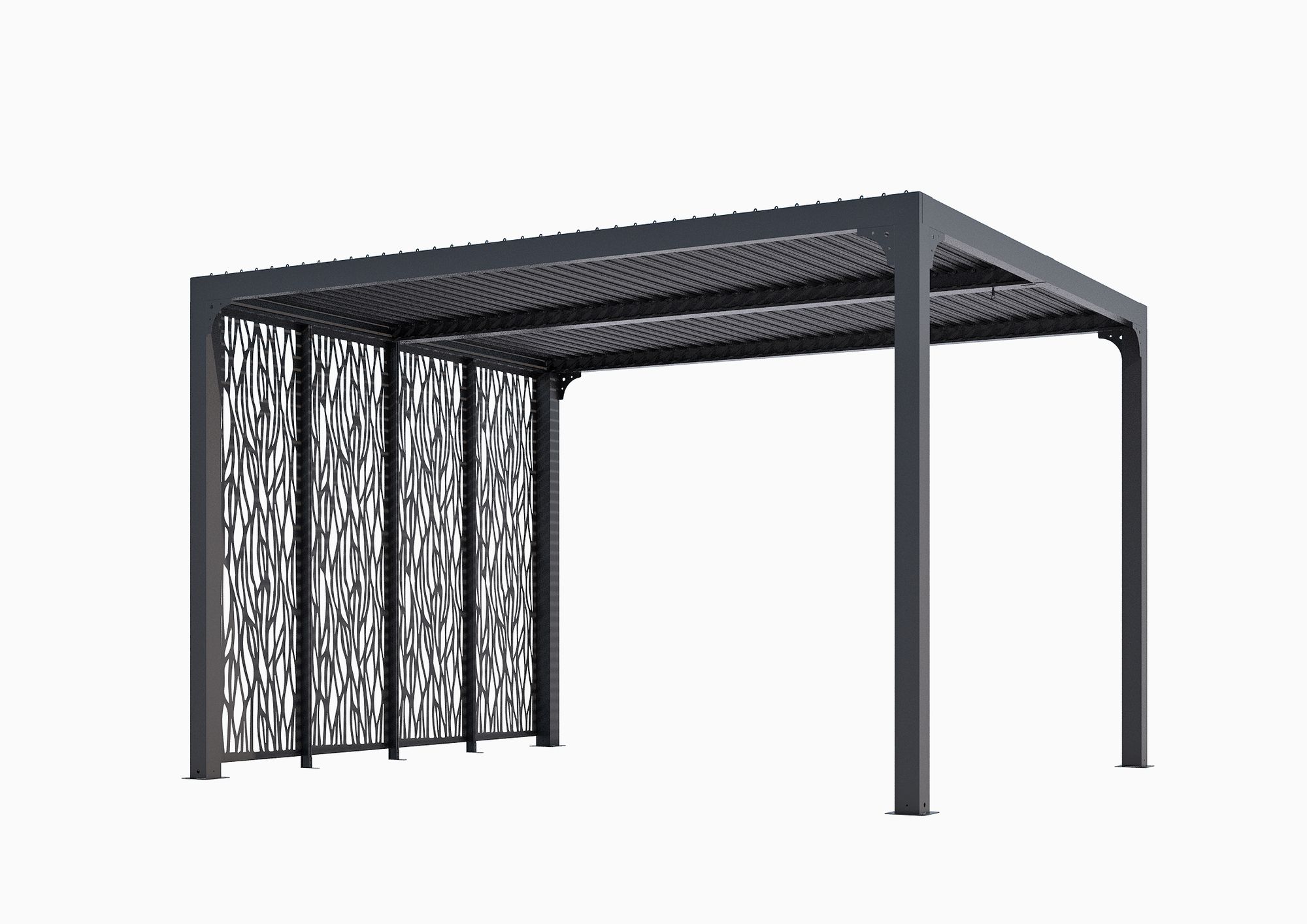 Pergola bioclimatique Aluminium avec 4 panneaux moucharabieh coloris gris pour côté 3 m