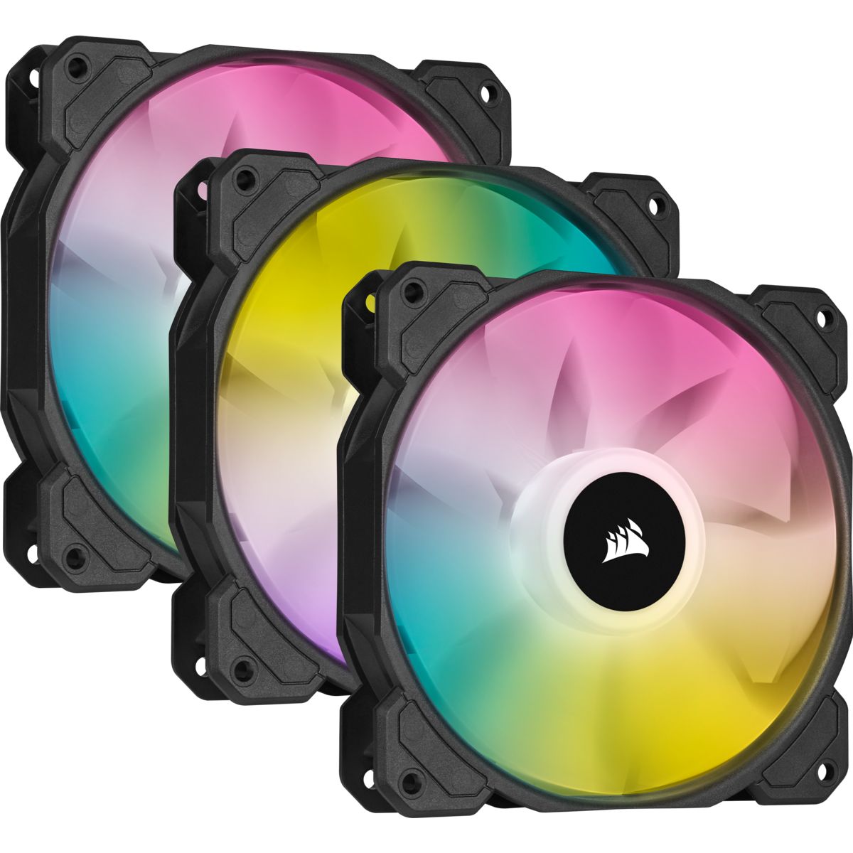 Trois ventilateurs PWM 120mm iCUE SP120 RGB ELITE Performance avec Lighting Node CORE