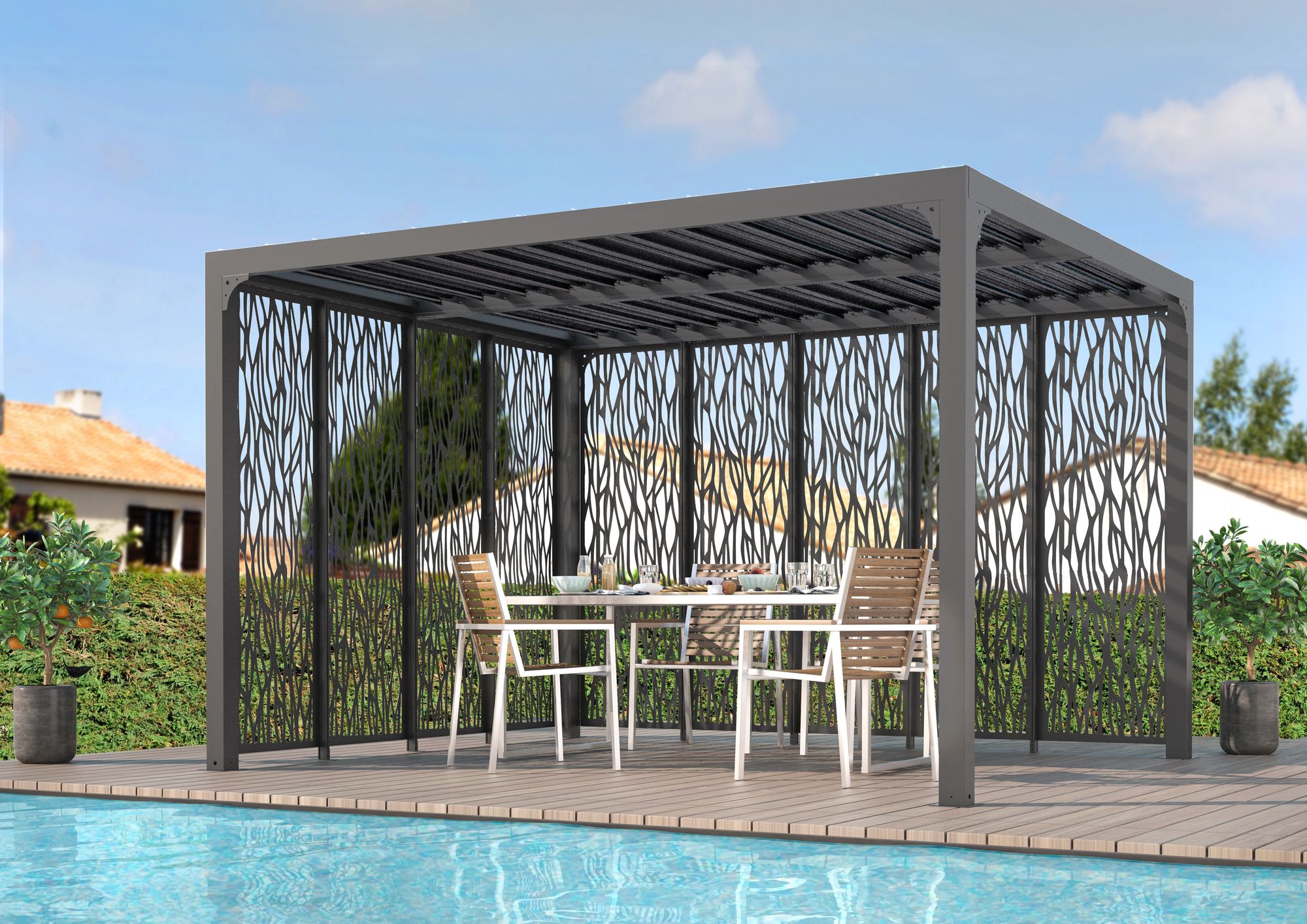 Pergola bioclimatique Aluminium avec panneaux moucharabieh coloris gris presentation