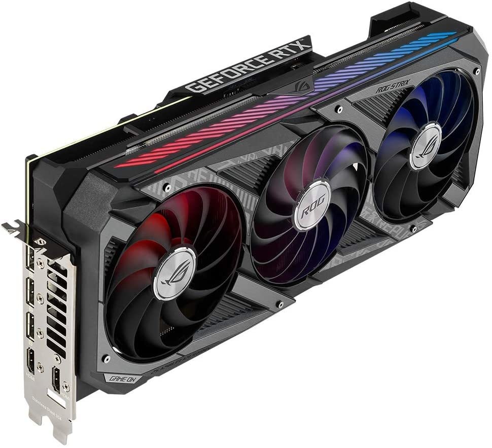 Carte graphique Gaming ROG STRIX RTX 3080 OC 10 Go GDDR6X Asus, équipée d'un triple ventilateur. Il embarque le bus PCI Express 4.0.