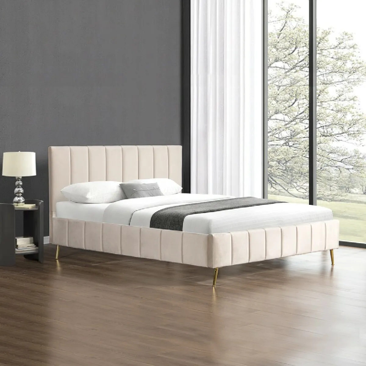 Lit Design Sommier Velours Pied Or Auster - Velours Beige - 180x200