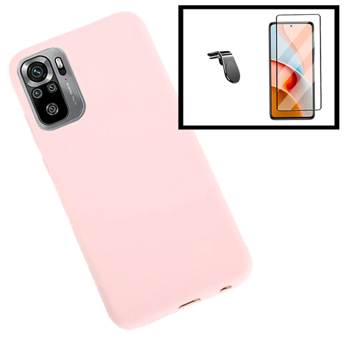 Kit Film de Verre Trempé 5D à Couverture Complète + Coque en Silicone Liquide + coffre Magnétique L Voiture de Conduite Sécurité pour Xiaomi Poco M3 Pro - Rose