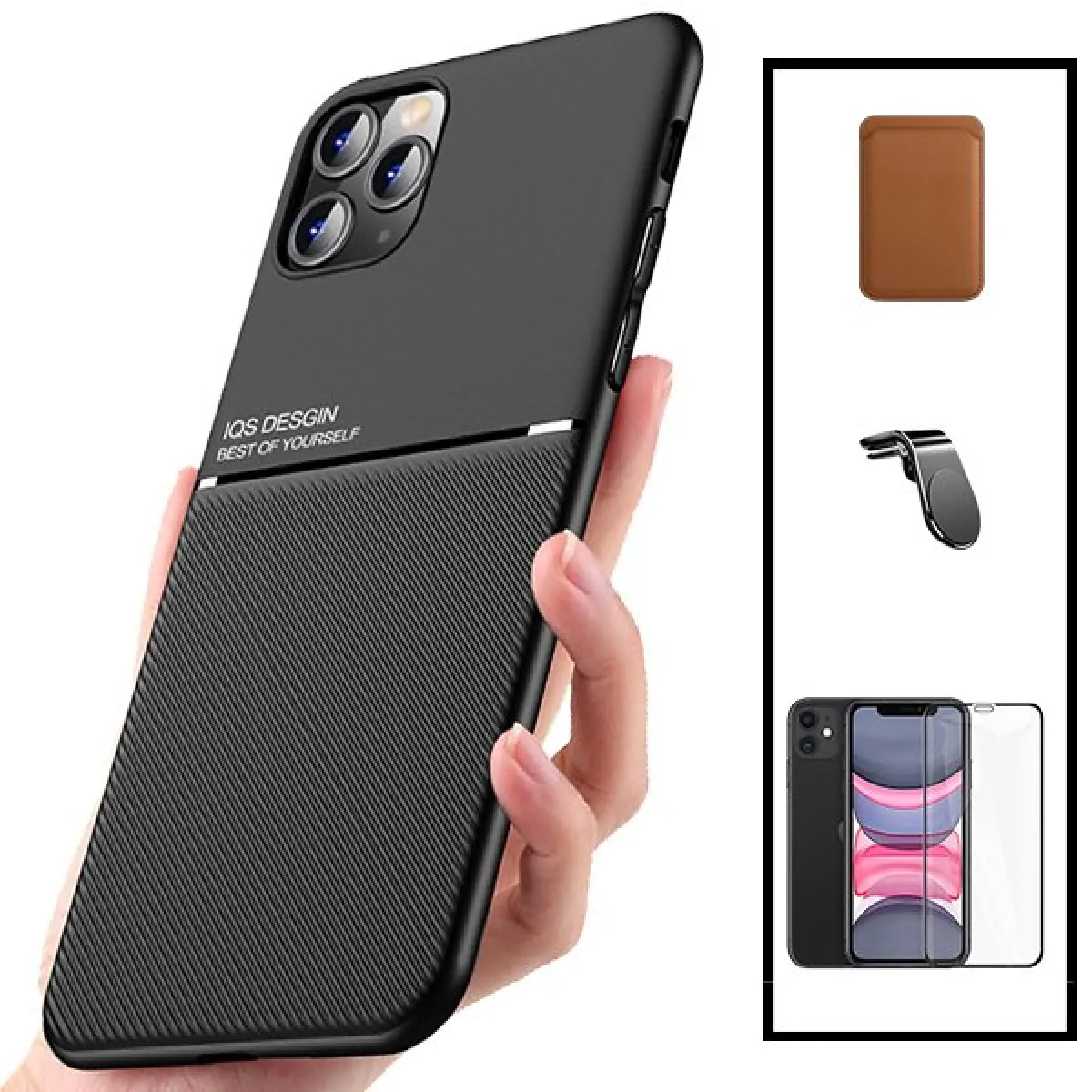 Kit Coque Magnetic Lux + Magentic Wallet Marron + 5D Full Cover + Support Magnétique L Safe Driving - iPhone 8