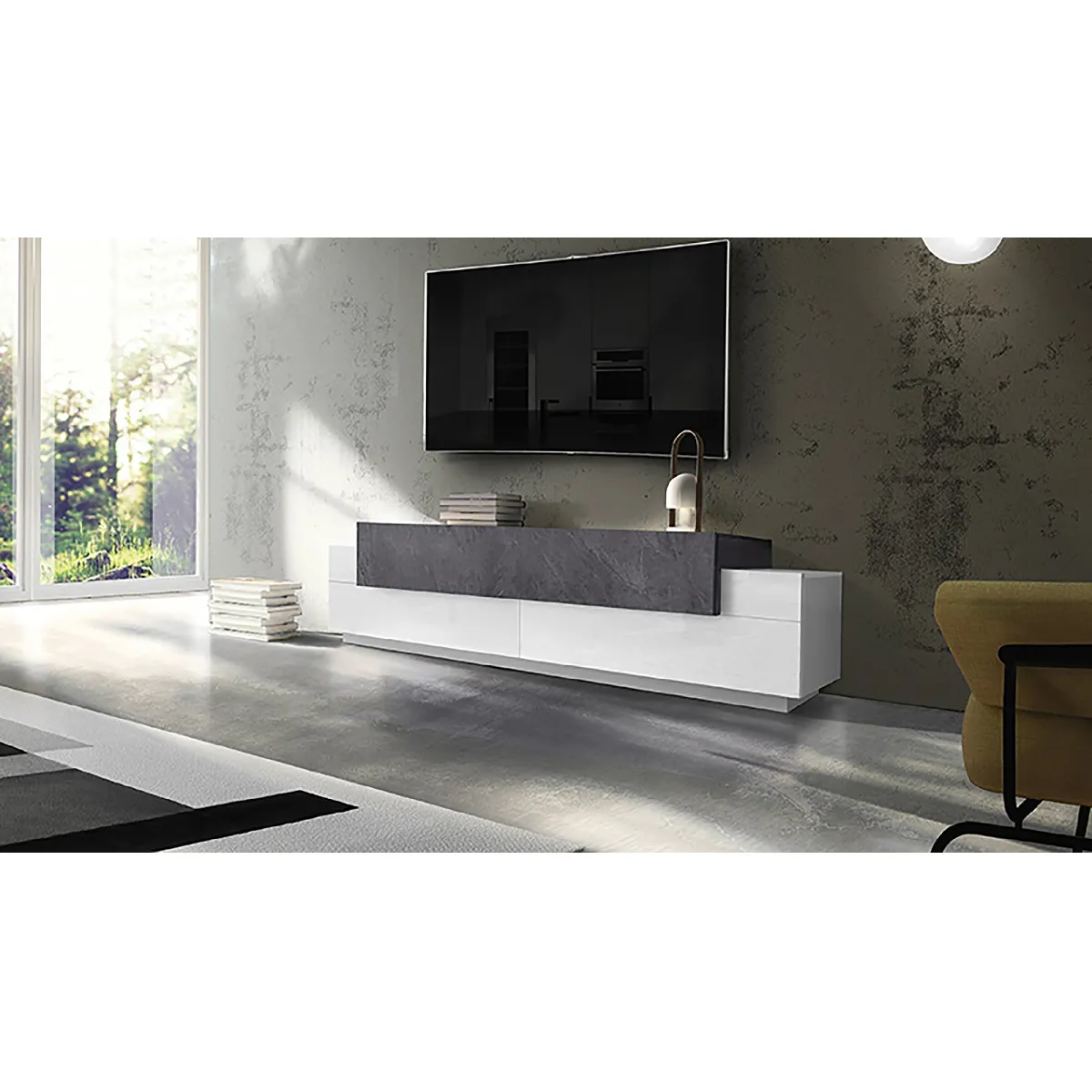 Meuble TV de salon, Made in Italy, Meuble TV avec 3 portes et étagères, cm 200x45h52, couleur Blanc Brillant et Gris Frêne