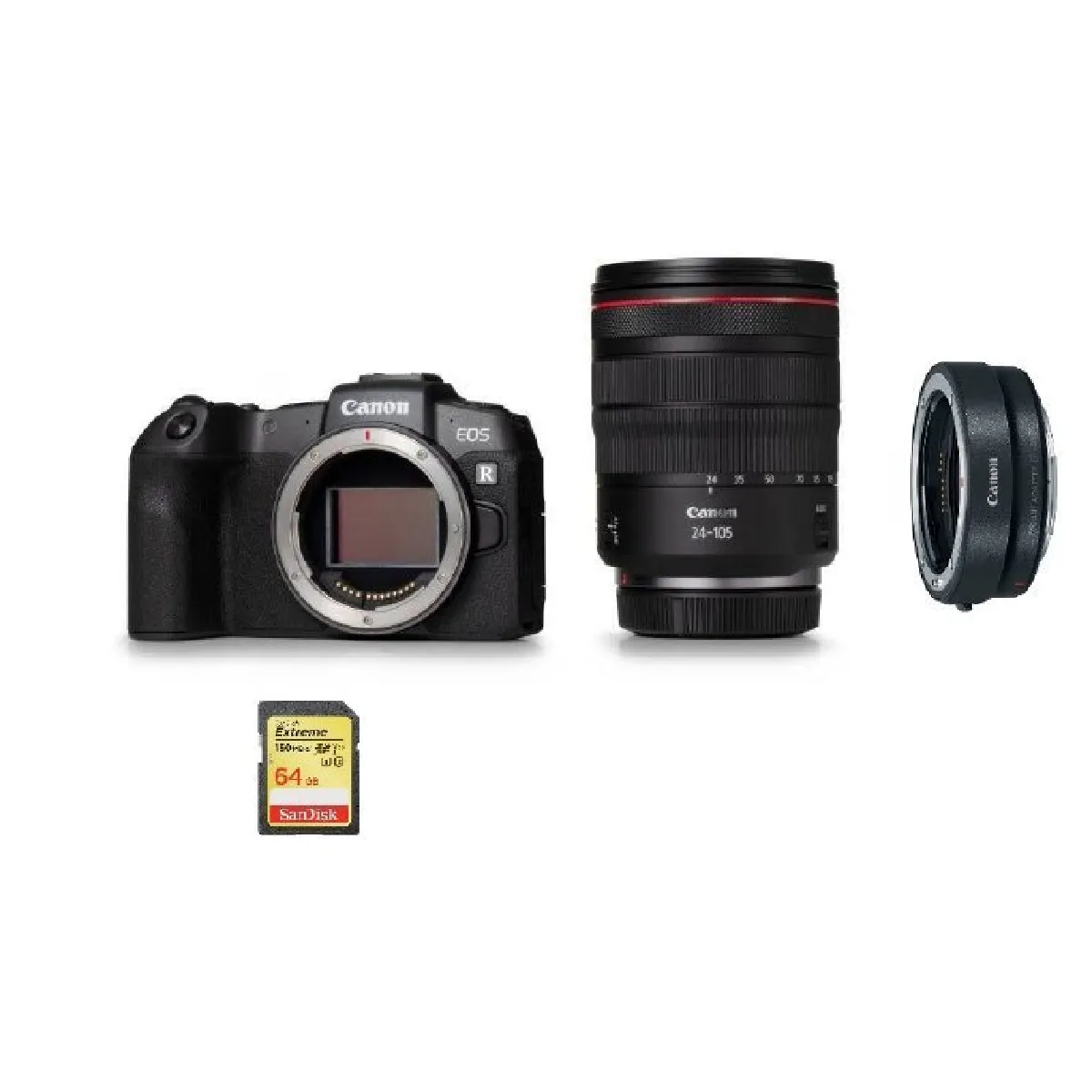 CANON EOS RP Body Black + RF 24-105mm F4L IS USM + EF-EOS R Mount Adapter + 64GB SD card