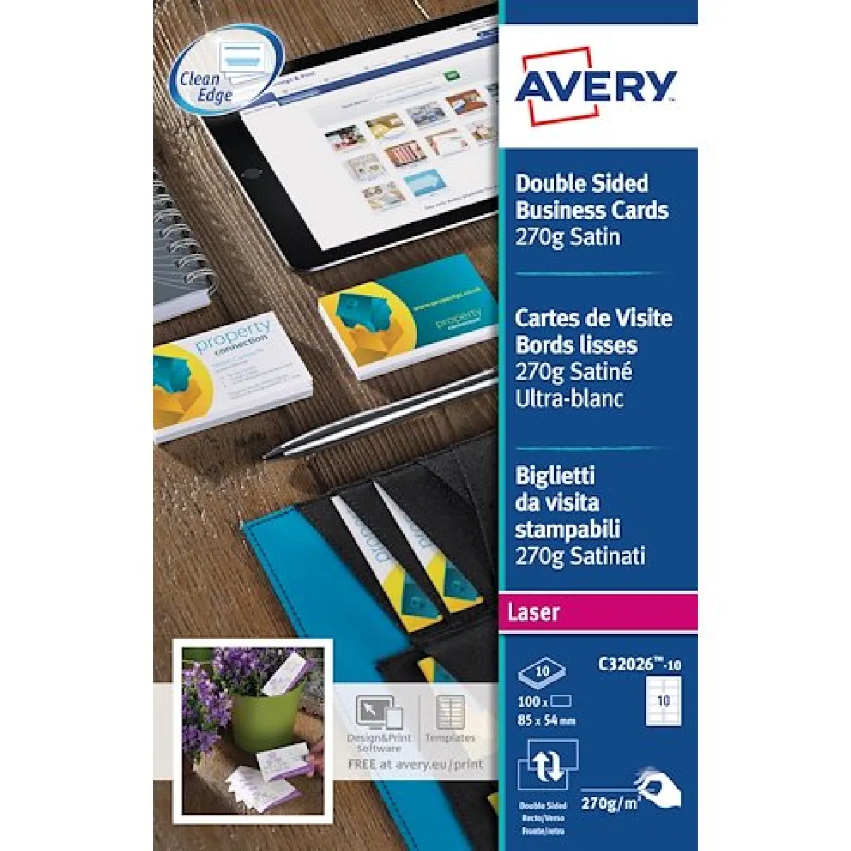 Carte de visite Avery Quick and Cleanformat 85 x 54 mm blanche - 270 gr -Pochette de 100