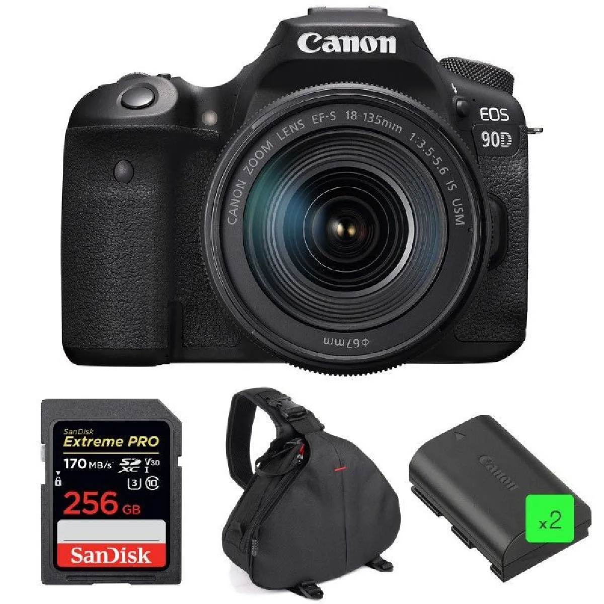 canon-eos-90d-kit-ef-s-18-135mm-f3-5-5-6-is-usm-sandisk-extreme-pro-256gb-170mb-s-sdxc-camera-bag-canon-lp-e6n-battery-2-pieces-4549292138580