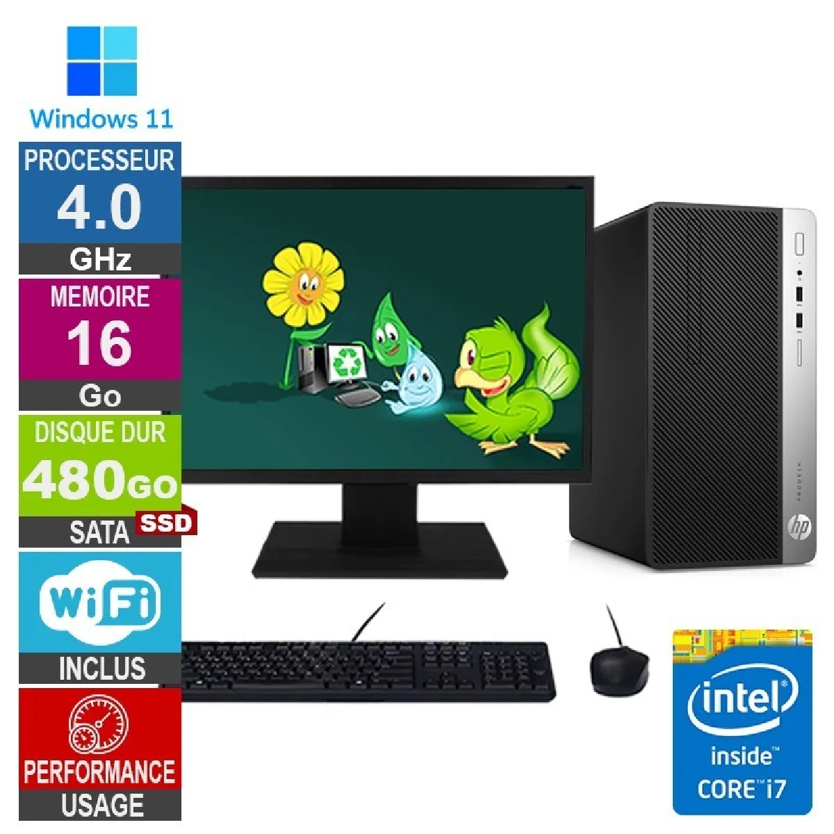 PC HP ProDesk 400 G4 MT i7-6700 4GHz 16Go/480Go SSD Wifi W11 + Ecran 22