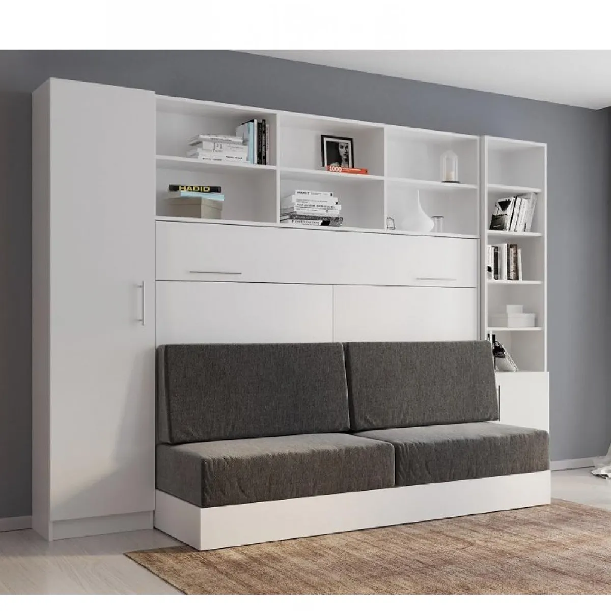 Composition lit escamotable VERTIGO SOFA blanc canapé gris L : 311 cm couchage 140*200 cm