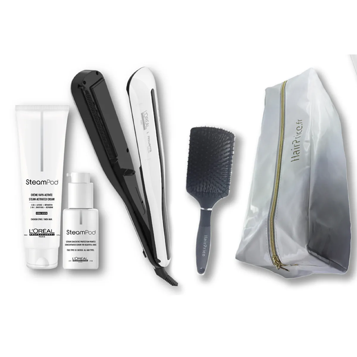 STEAMPOD 3 + crème et sérum cheveux épais + trousse blanche + brosse