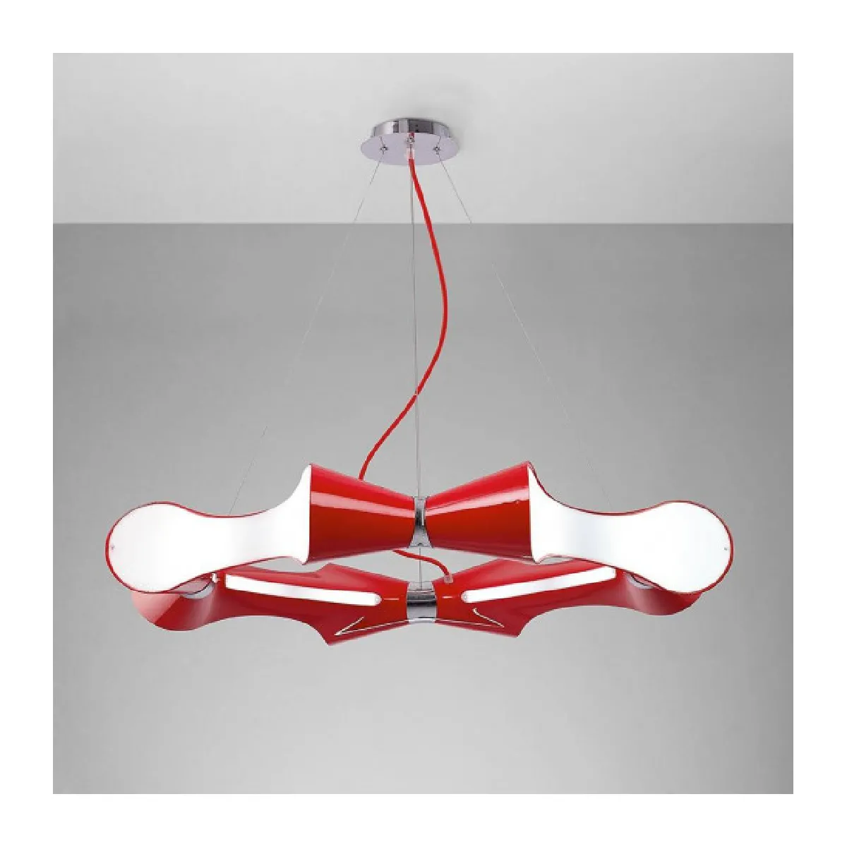 Suspension Ora 8 Flat rond Ampoules E27, rouge brillant/arylique blanc/chrome poli