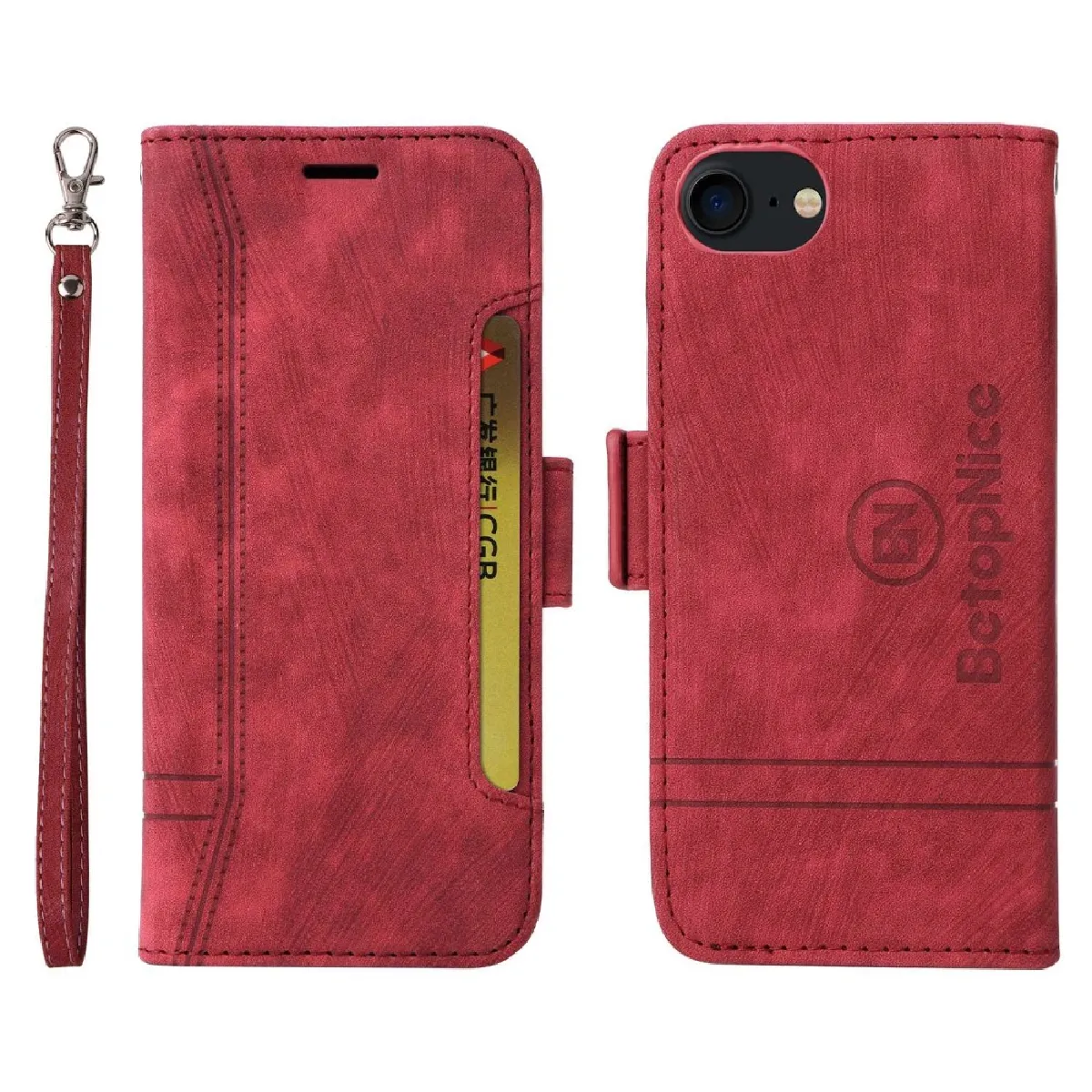 Etui en PU motif de ligne de couture, anti-chute avec support et sangle pour votre iPhone 6/7/8 4.7 pouces/SE (2020)/(2022) - rouge