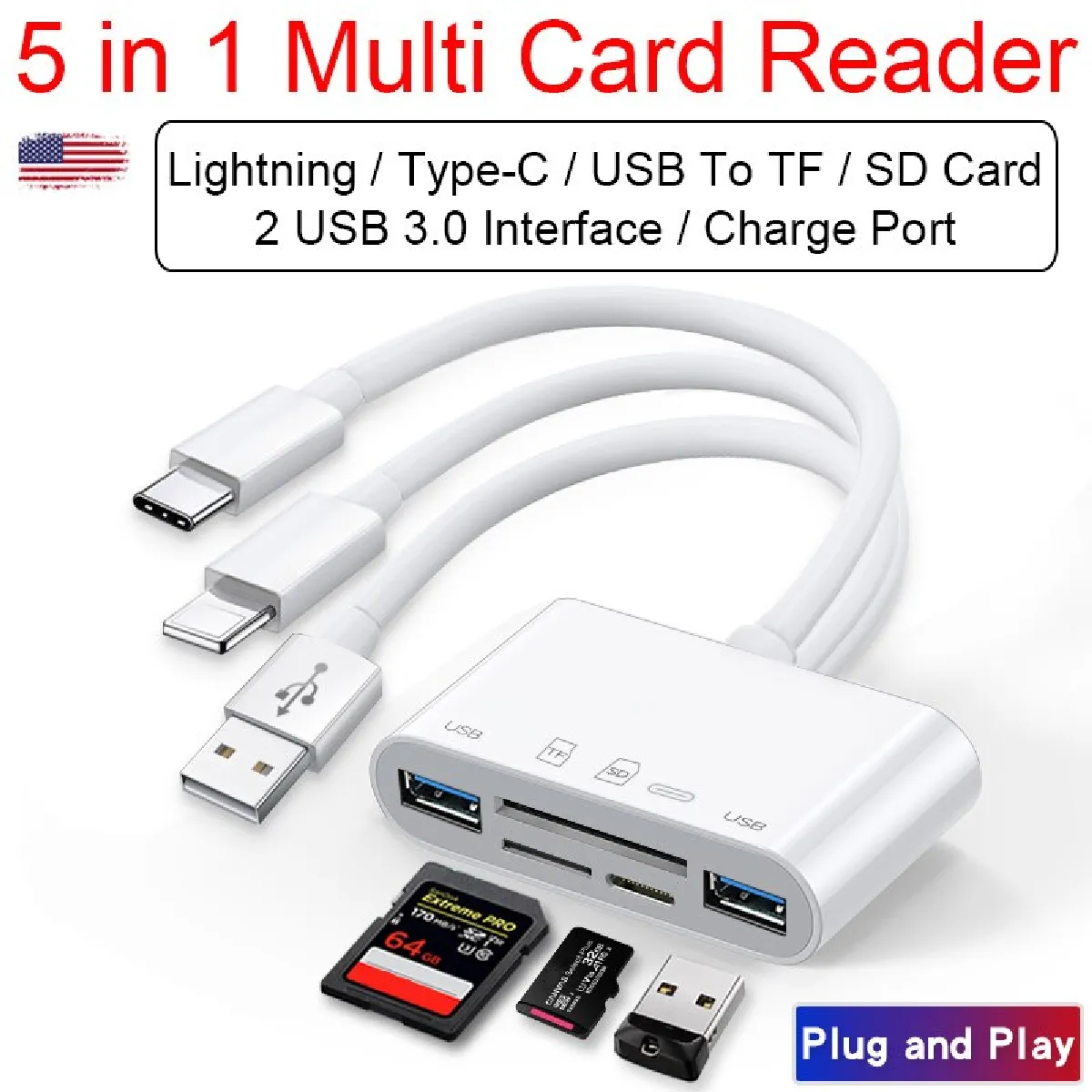 Blanc 5 dans 1 lecteur de carte micro SD multifonctions lecteur flash appareil photo pour iPad Apple portable adaptateur USB type C Lightning   lecteur de carte