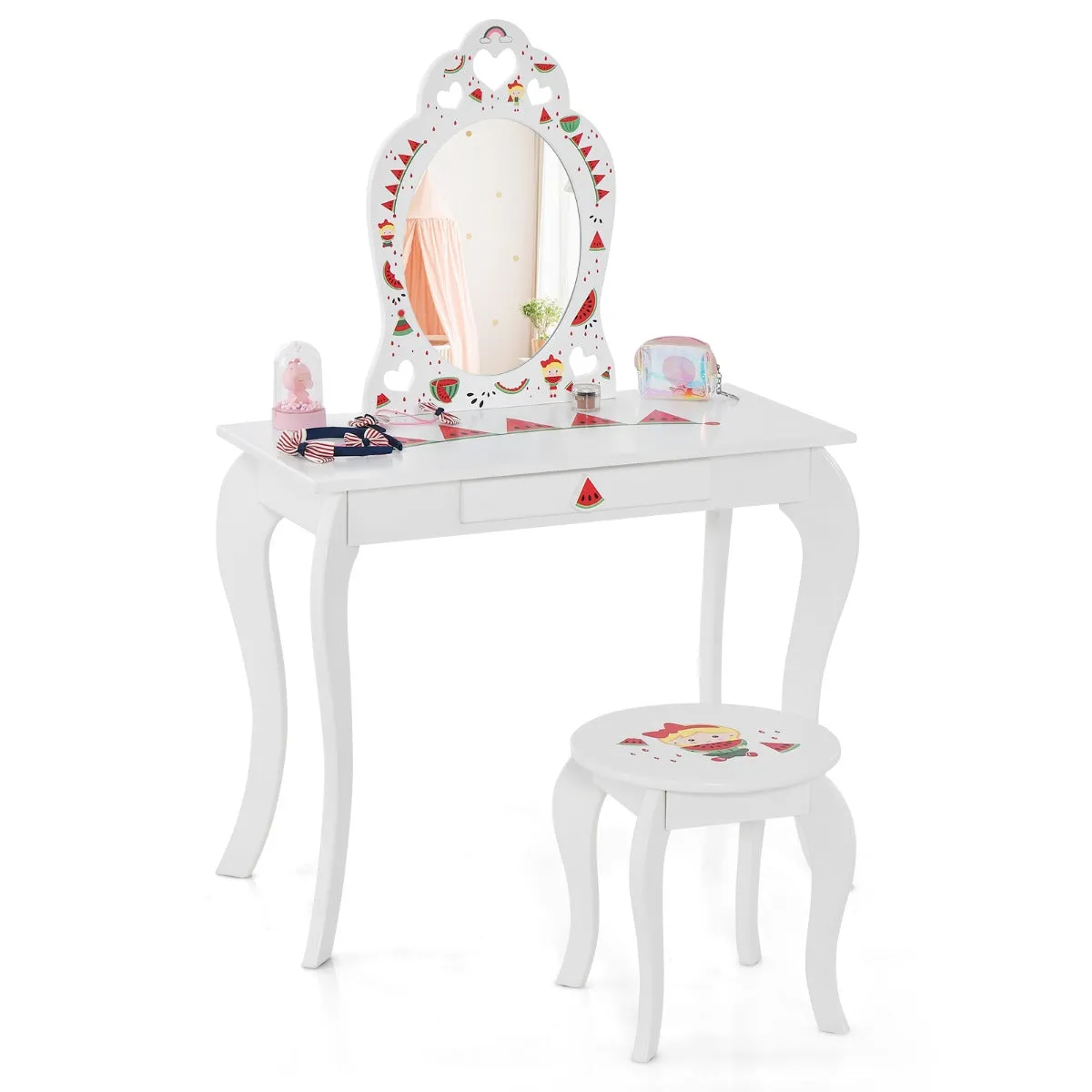 2 en 1 coiffeuse enfants avec tabouret et miroir amovible table de maquillage avec tiroir et dispositif anti-basculement blanc sur 20_0004705