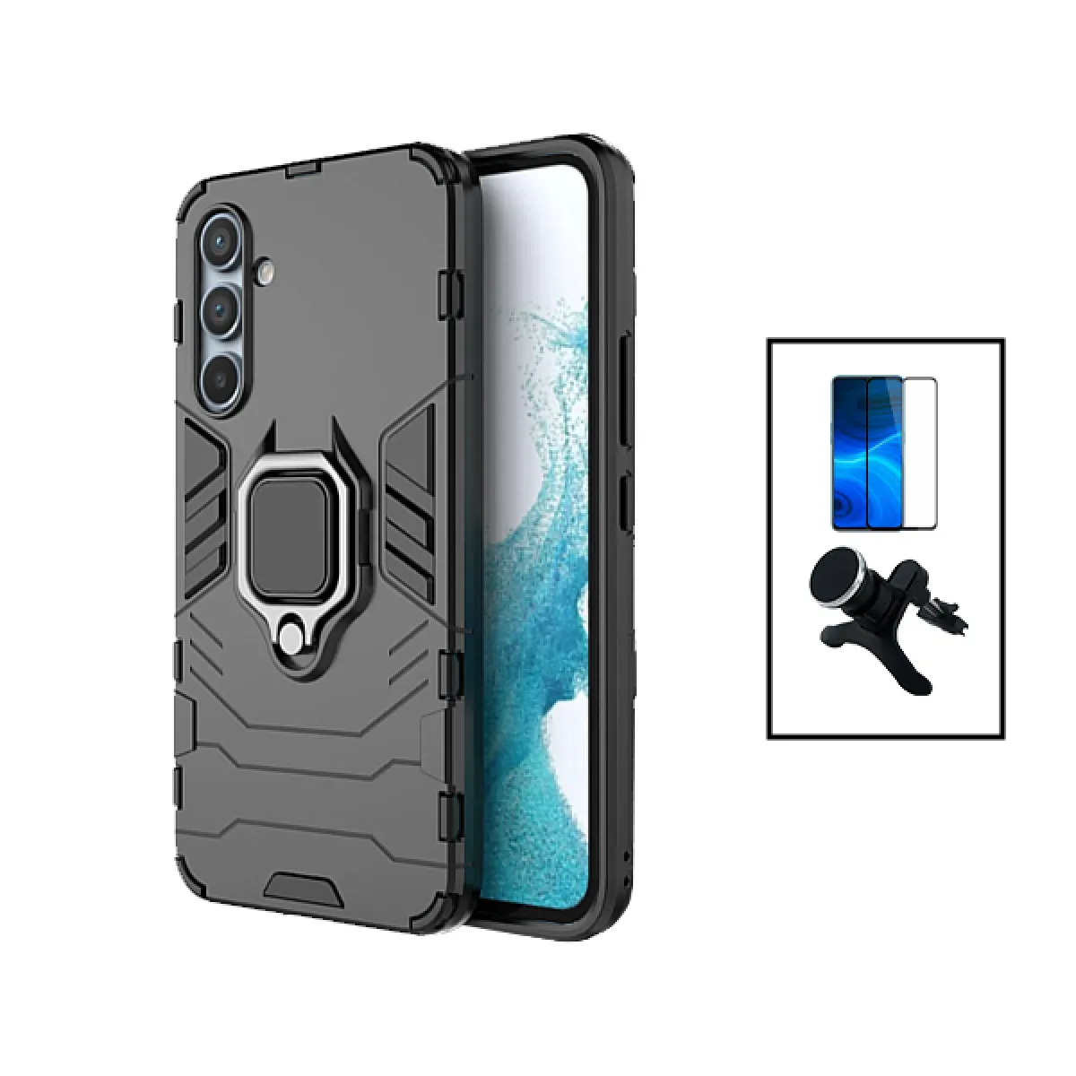 Kit Film Verre Trempé 5D Full Cover + Coque 3X1 Military Defender + Support Magnétique de Voiture Renforcé pour Samsung Galaxy A14 - Noir