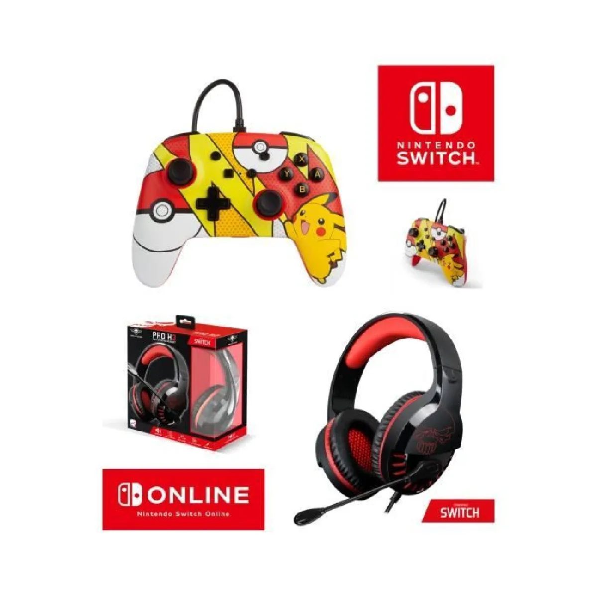 Pack Manette SWITCH Filaire Nintendo Pokémon Pikachu Pop Art Officielle + Casque Gamer PRO H3 Rouge SPIRIT OF GAMER SWITCH