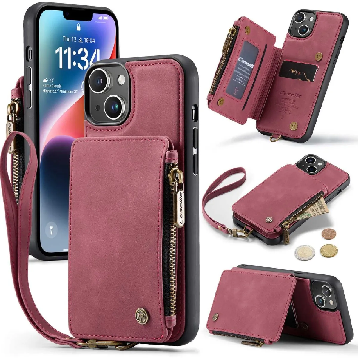 Etui en PU CASEME magnétique avec béquille zippée et sangle pour votre iPhone 14 Plus - rouge