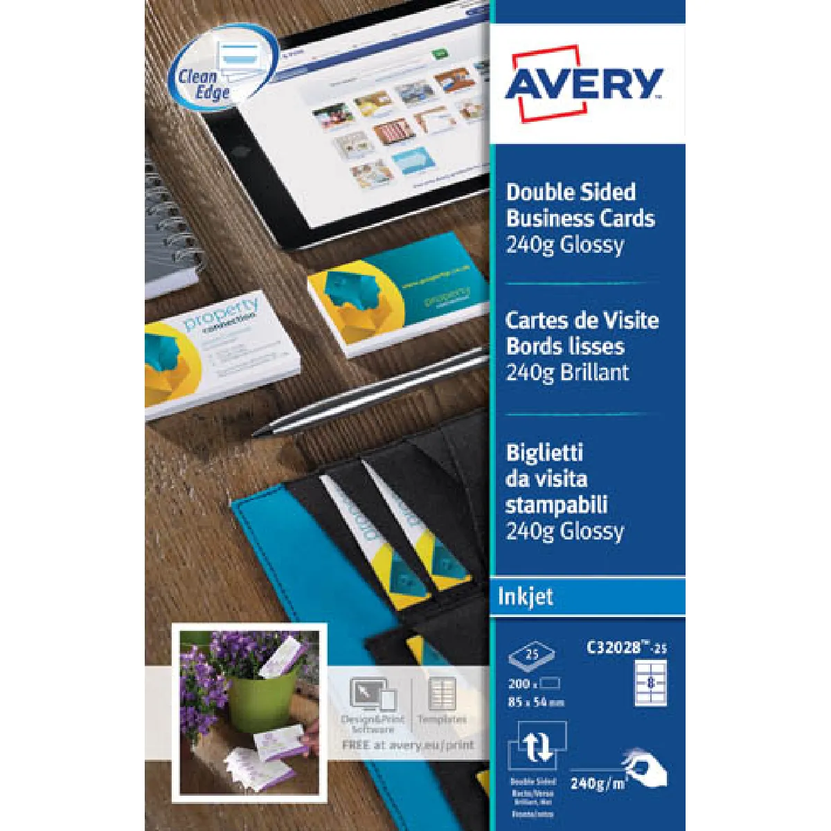 Carte de visite Avery Quick and Clean format 85 x 54 mm blanche - 250 gr - Pochette de 80