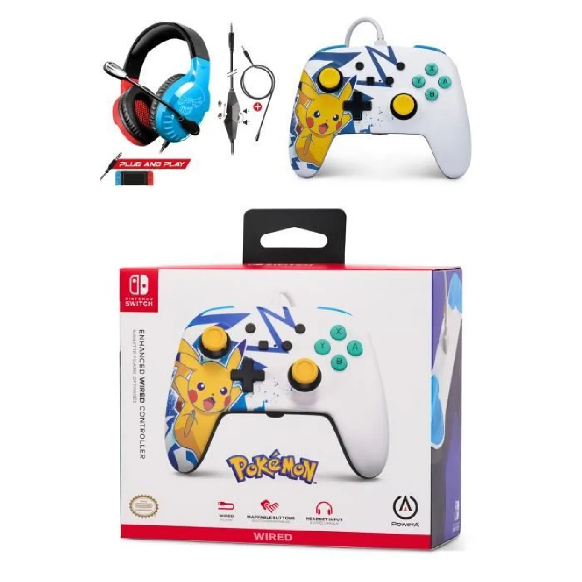 Manette SWITCH Filaire Nintendo Pikachu High Voltage Officielle + Casque Gamer PRO H3 Rouge BLEU SPIRIT OF GAMER SWITCH