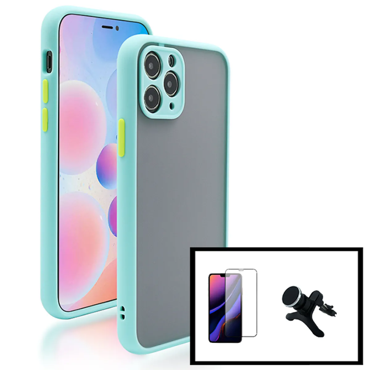 Kit Coque Antichoc Avec Caméra Protection + Film 5D Full Cover + Support Magnétique Renforcé de Voiture pour iPhone 13 Pro - Bleu Clair