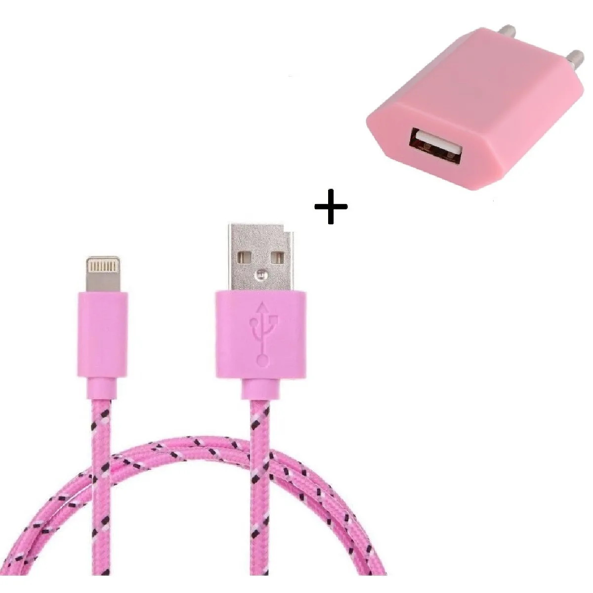 Pack Chargeur pour Airpods Lightning (Cable Tresse 3m Chargeur + Prise Secteur USB) Murale Android Universel (ROSE PALE)