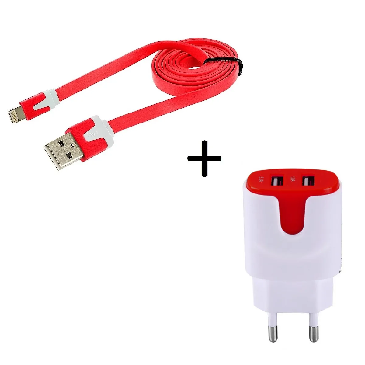 Pack Chargeur pour IPHONE 8 PLUS Smartphone Micro-USB (Cable Noodle 1m Chargeur + Double Prise Secteur Couleur USB) Android (ROUGE)