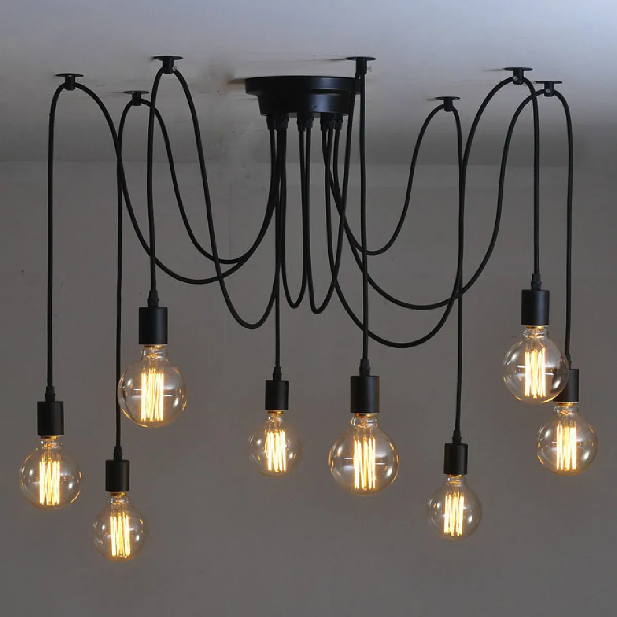 Lustre Suspension Araignee E27 Douille Rétro Industriel abat-jour Noir, DIY Ajustable Longueur avec 1.5m Fil, 8 bras (Non ampoule)