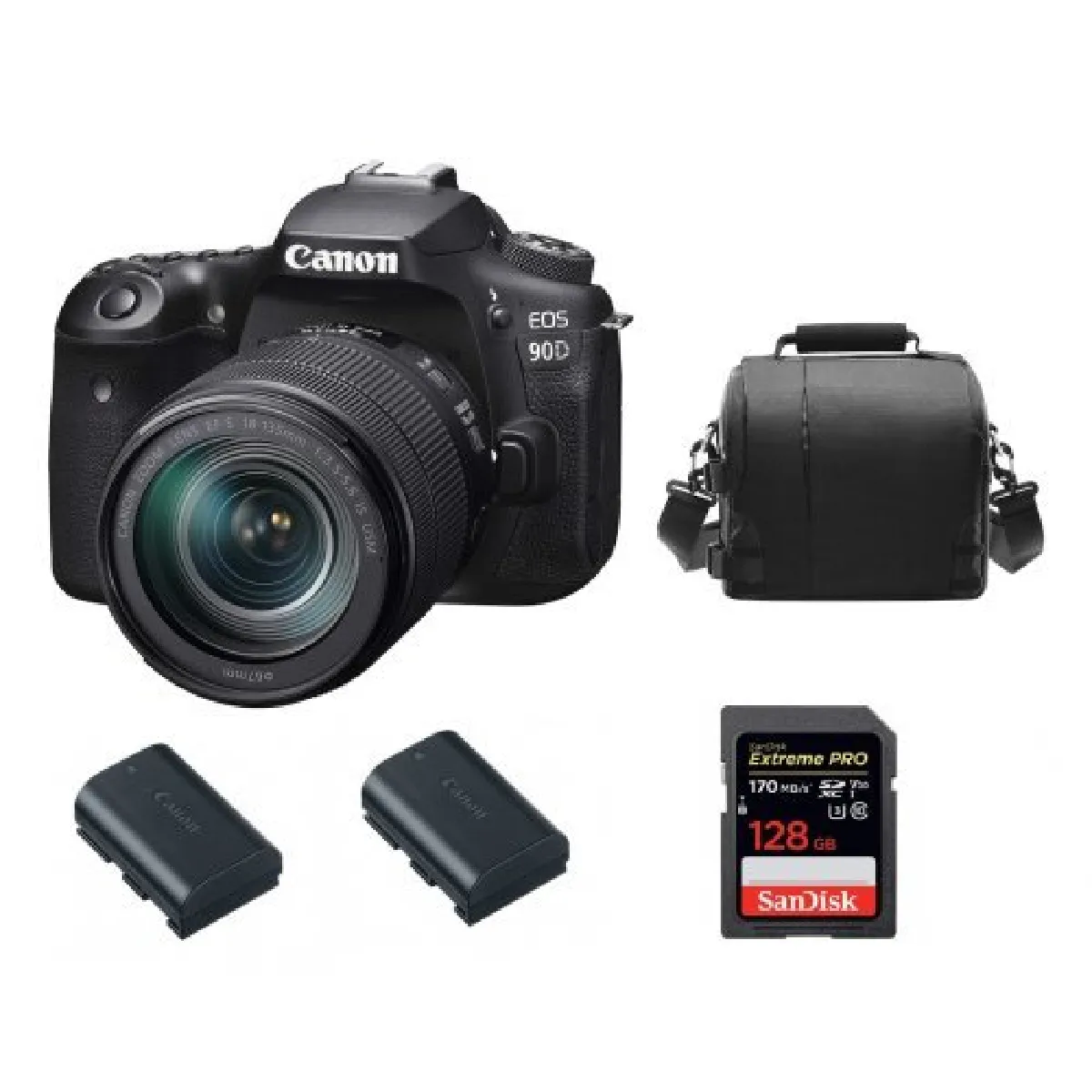 canon-eos-90d-kit-ef-s-18-135mm-f3-5-5-6-is-usm-sandisk-extreme-pro-128gb-170mb-s-sdxc-camera-bag-canon-lp-e6n-battery-2-pieces-0843342192831