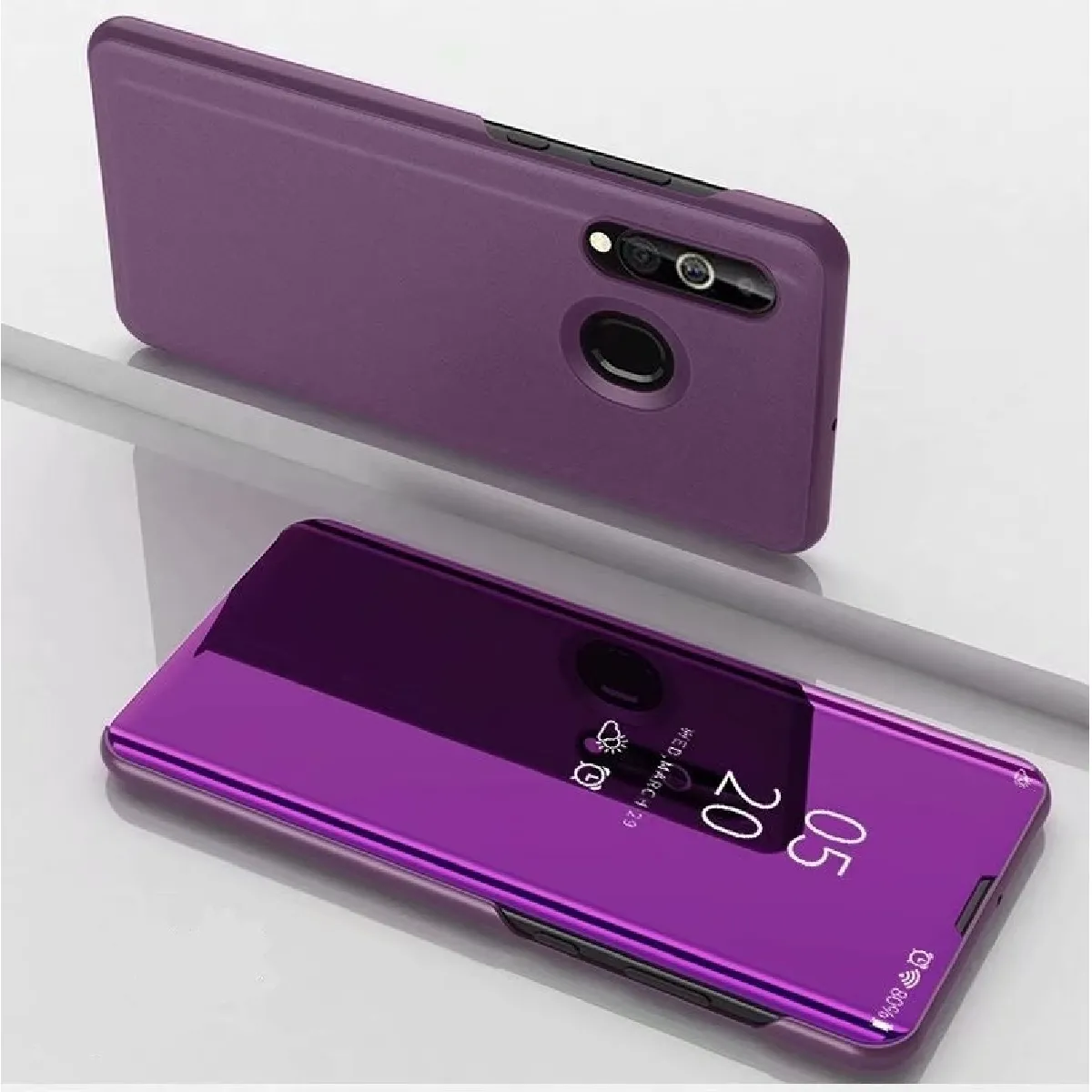 Coque Rigide Étui à rabat en cuir avec miroir de galvanisation pour Samsung A20 E support Violet