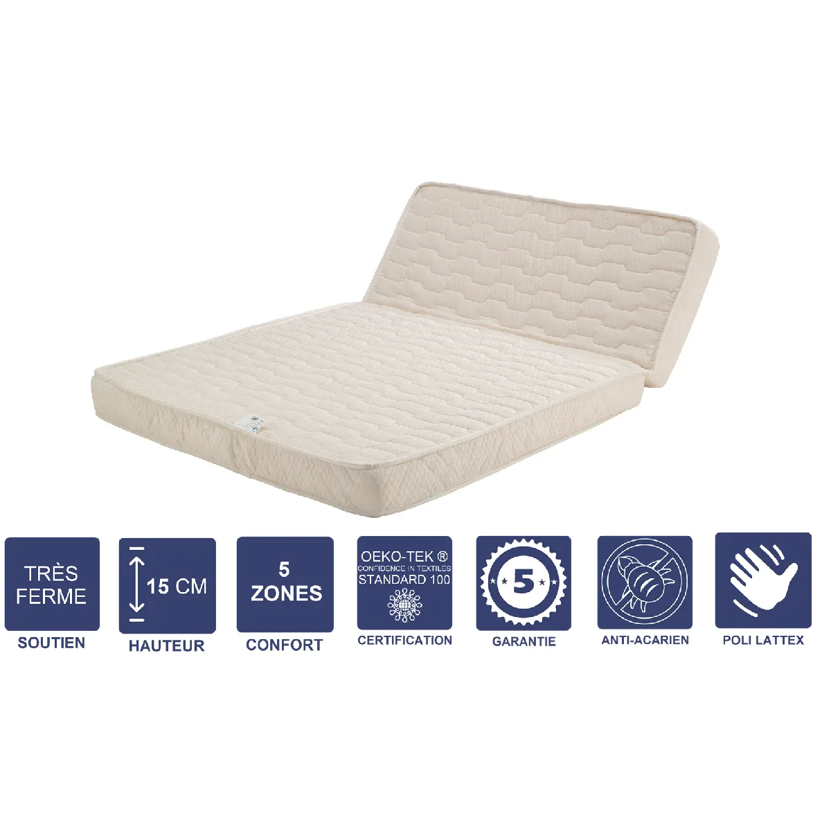 Matelas Très Ferme Pour tous BZ + Alèse 160x200 x 15 cm avec Mémoire de Forme sur Face Hiver - Déhoussable Housse Lavable - Découpe Assise 60 cm - 5 zones de Confort - Face été et Ame Poli Lattex Haute Résilience - Hypoallergénique