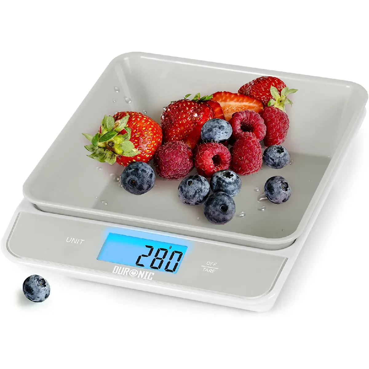 KS100 GY Balance de cuisine grise   Capacité de 5 kg   Bol de 1,2L inclus   Large écran rétroéclairé   Fonction d'ajout de poids   4 capteurs précis   Idéale pour la pâtisserie ou comme balance postale