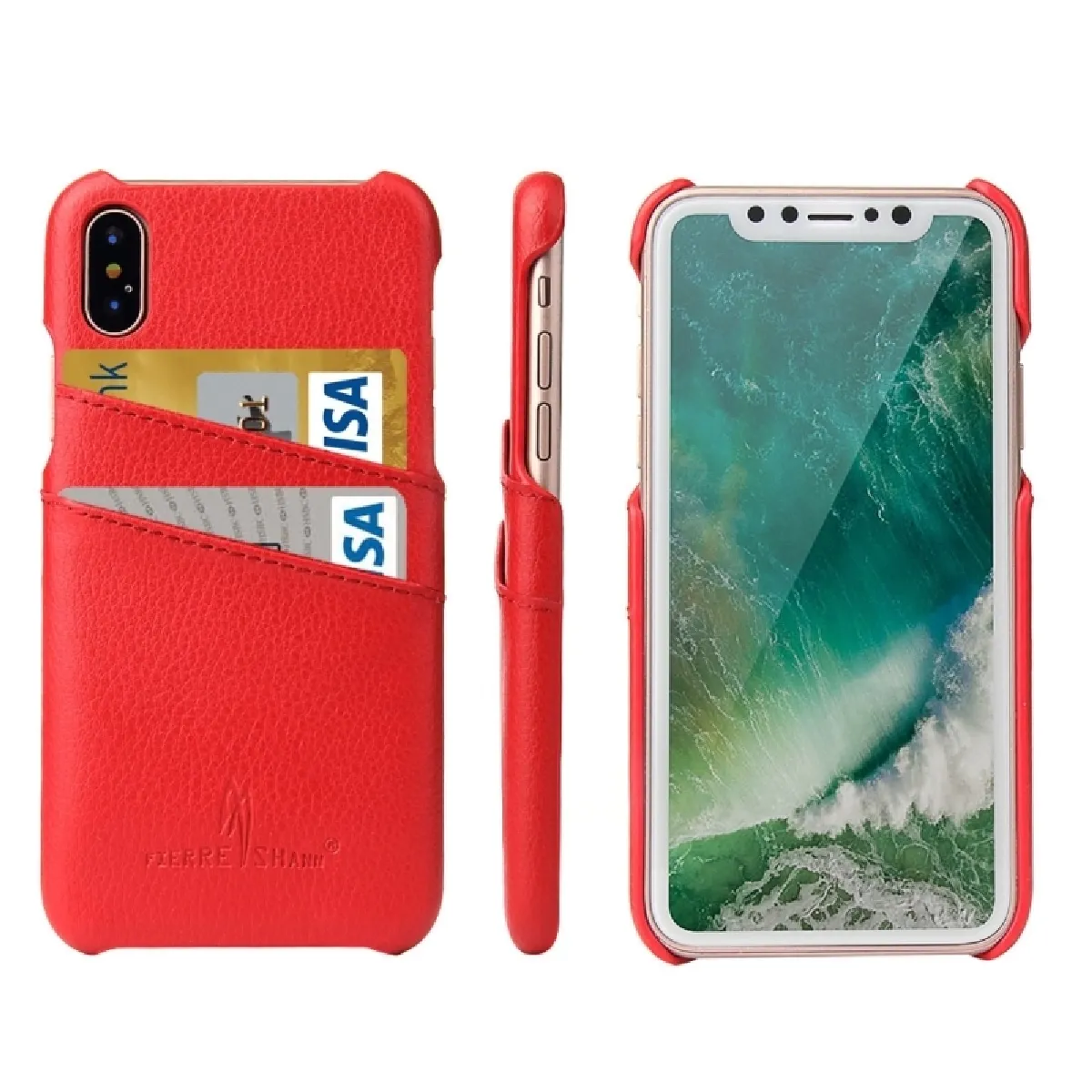 Coque rouge pour iPhone X Litchi Texture Véritable Housse Etui en Cuir avec Fente Fierre Shann Carte