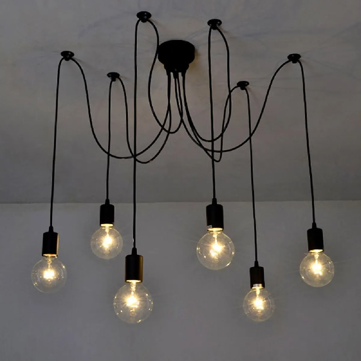 Lustre Suspension Araignee E27 Douille Rétro Industriel abat-jour Noir, DIY Ajustable Longueur avec 2.0m Fil, 6 bras (pas d'ampoule)