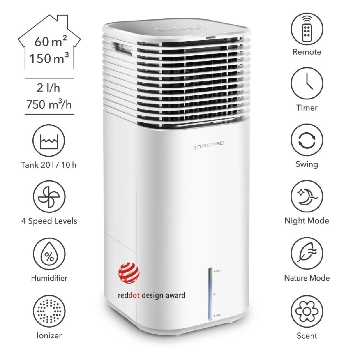 TROTEC Aircooler PAE 49 Refroidisseur d'air à évaporation 4 en 1 climatisation mobile humidificateur ventilateur