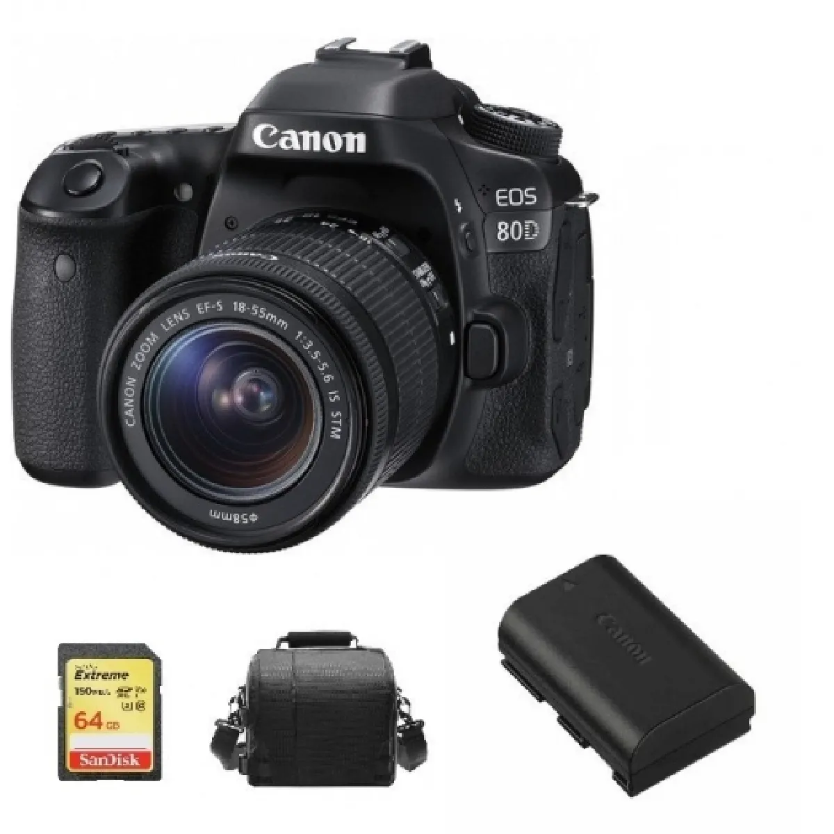 CANON EOS 80D KIT EF-S 18-55mm F3.5-5.6 IS STM + 64GB SD card + camera Bag + LP-E6N Battery