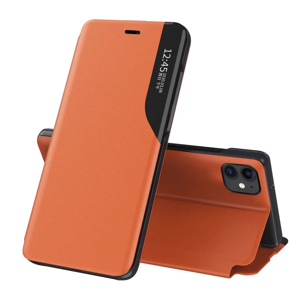 eco cuir view coque etui elegant de type bibliotheque avec bequille pour iphone 13 mini orange