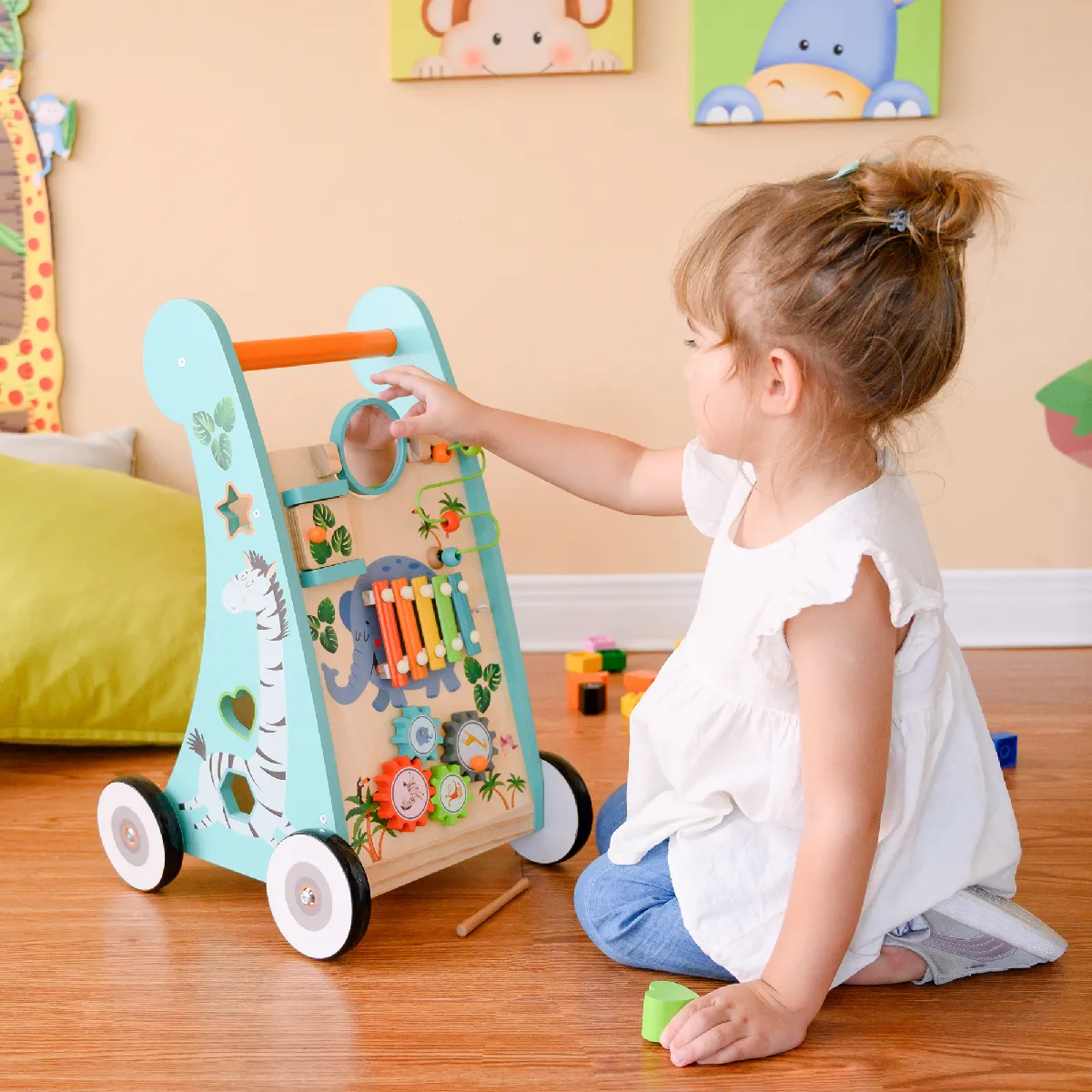 Pousseur trotteur en bois apprentissage de la marche bébé enfant Bleu Teamson Kids PS-T0008