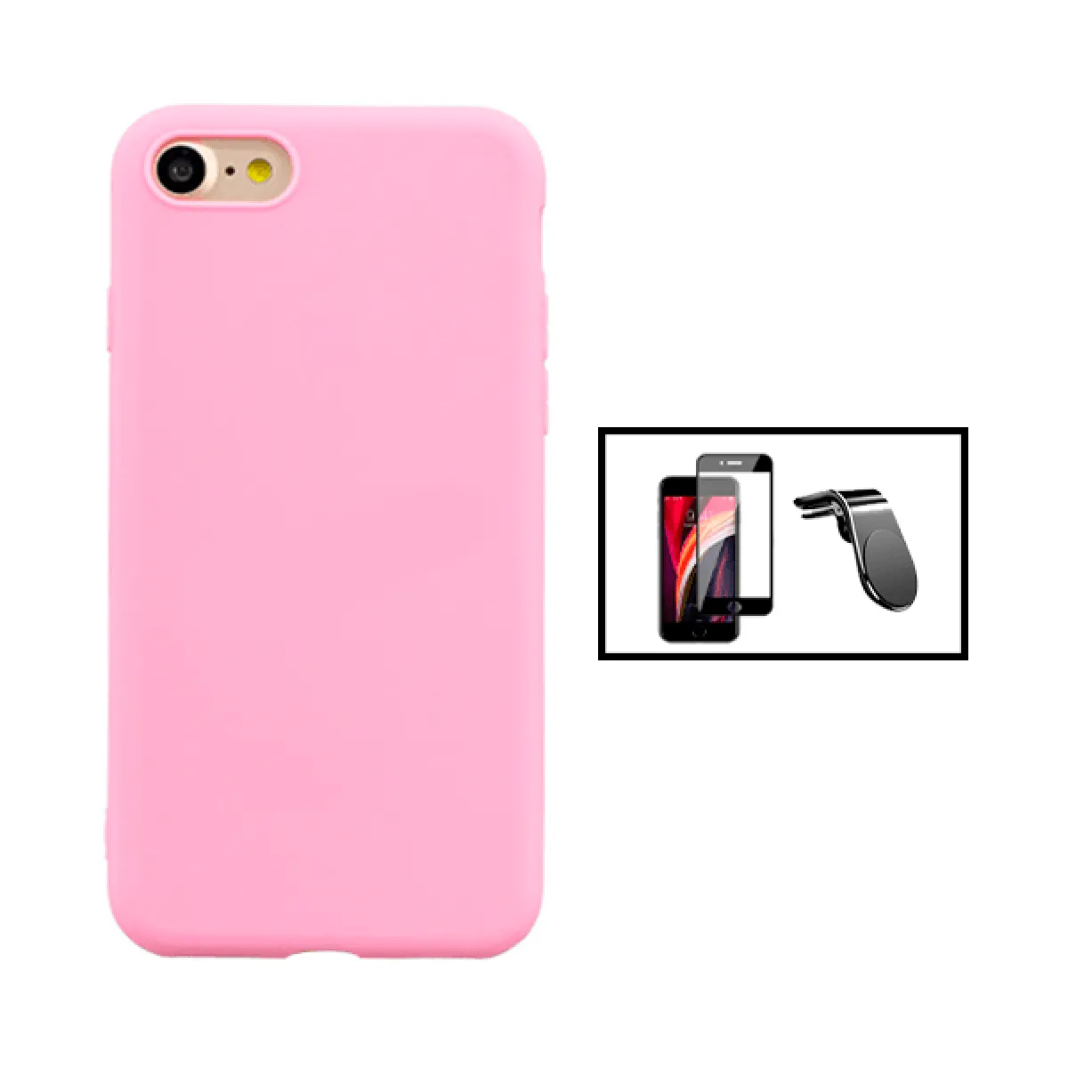 Kit Film de Verre Trempé 5D Full Cover + Coque Silicone Liquide + Support Magnétique L Conduite en Toute Sécurité pour iPhone SE 2022 - Rose