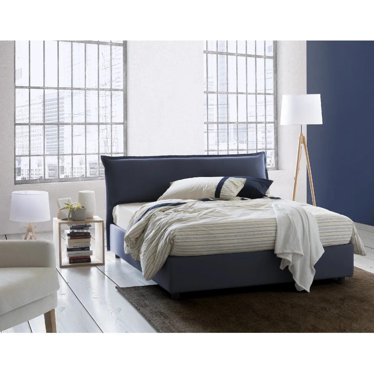 Lit double conteneur moderne Talamo Italia Giada, Made in Italy, lit amovible avec tête de lit rembourrée et cadre de lit, avec matelas 160x190 cm inclus, couleur Bleu