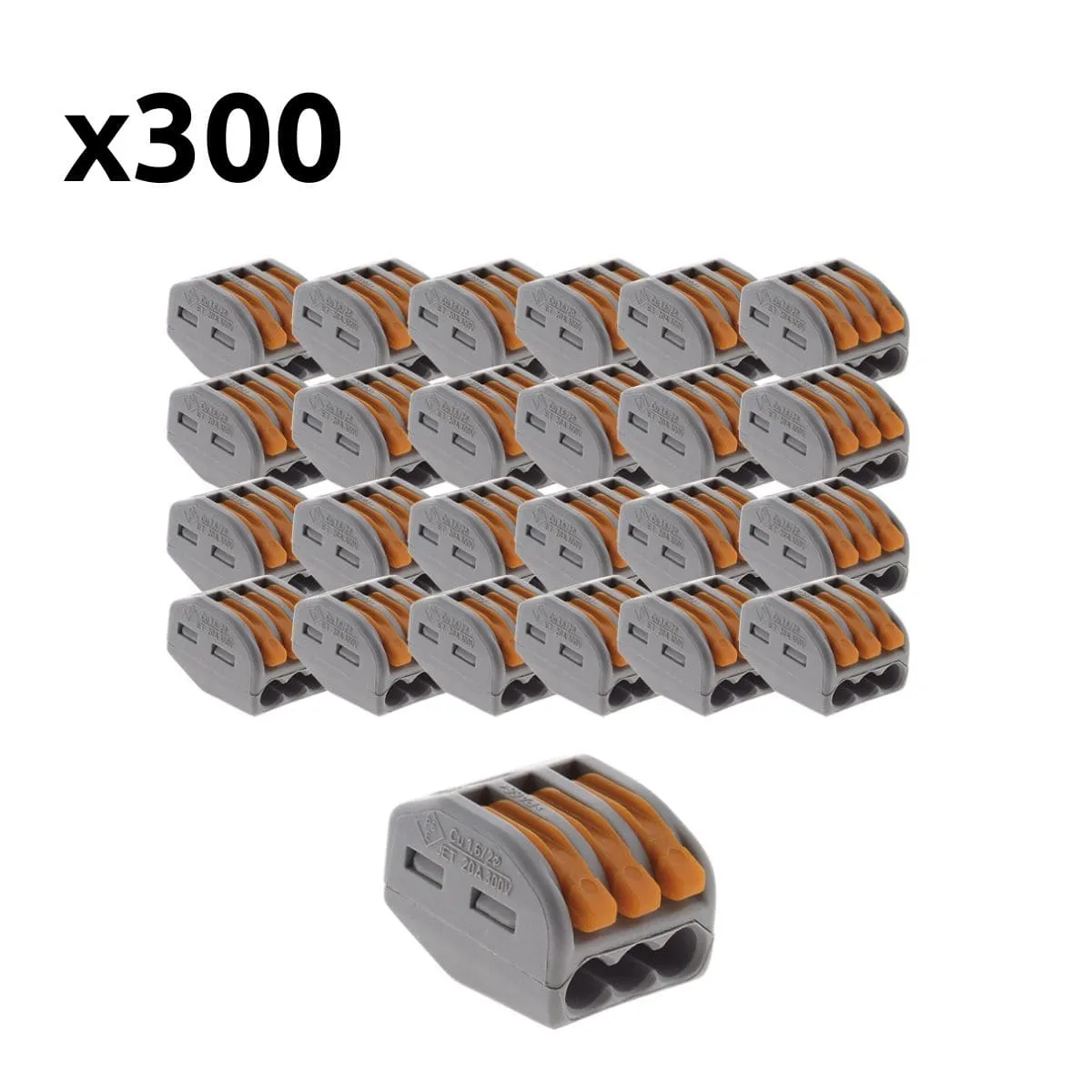 Lot de 300 bornes automatiques à cliquet S222 - 3 entrées – fils rigides et souples 4mm² max - orange - Wago