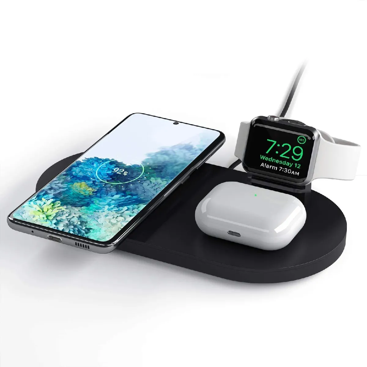 Support de chargeur sans fil 3 en 1 pour Apple Watch et station de charge AirPods, mode table de chevet pour iWatch 6/SE/5/4/3/2, charge QI Smart Fast 15W pour iPhone Samsung et autres téléphones compatibles Qi,(noir)