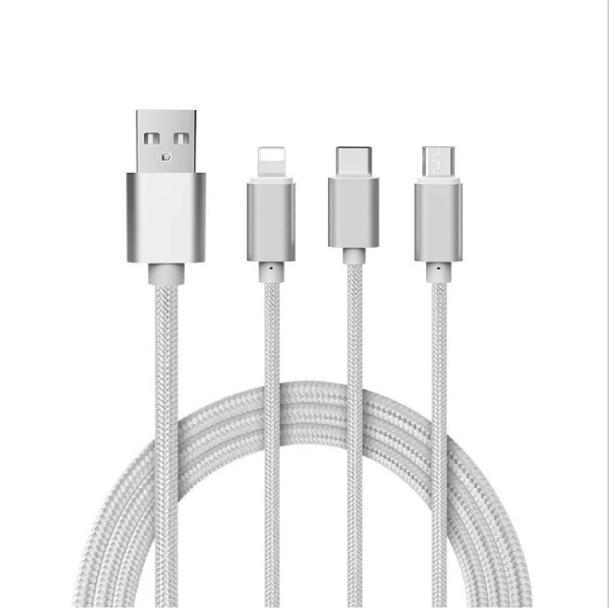 Cable 3 en 1 Pour Airpods Android, Apple & Type C Adaptateur Micro USB Lightning 1,5m Metal Nylon (ARGENT)