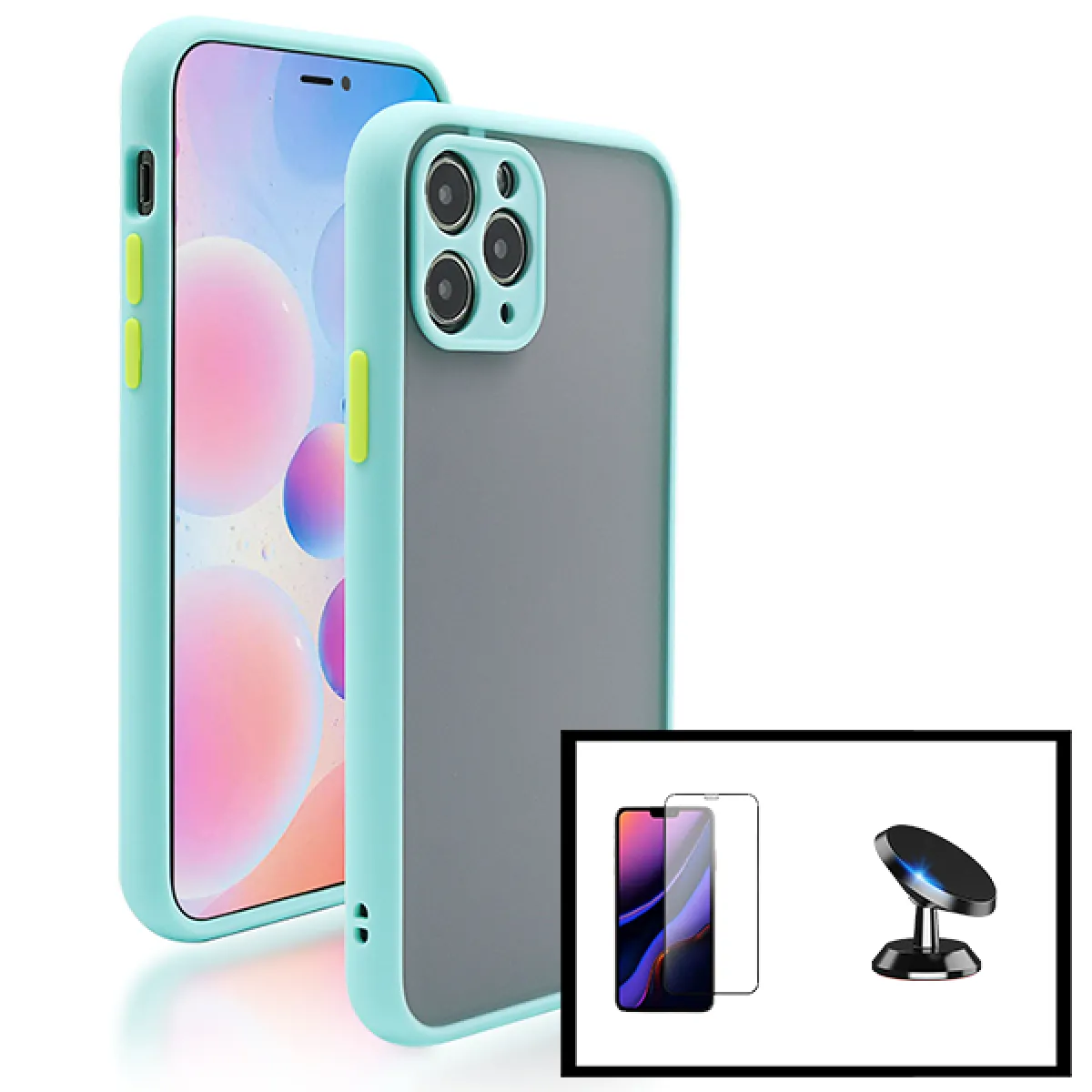 Kit Coque Antichoc Avec Caméra Protection + Film 5D Full Cover + Support Magnétique de Voiture pour iPhone 13 Mini - Bleu Clair