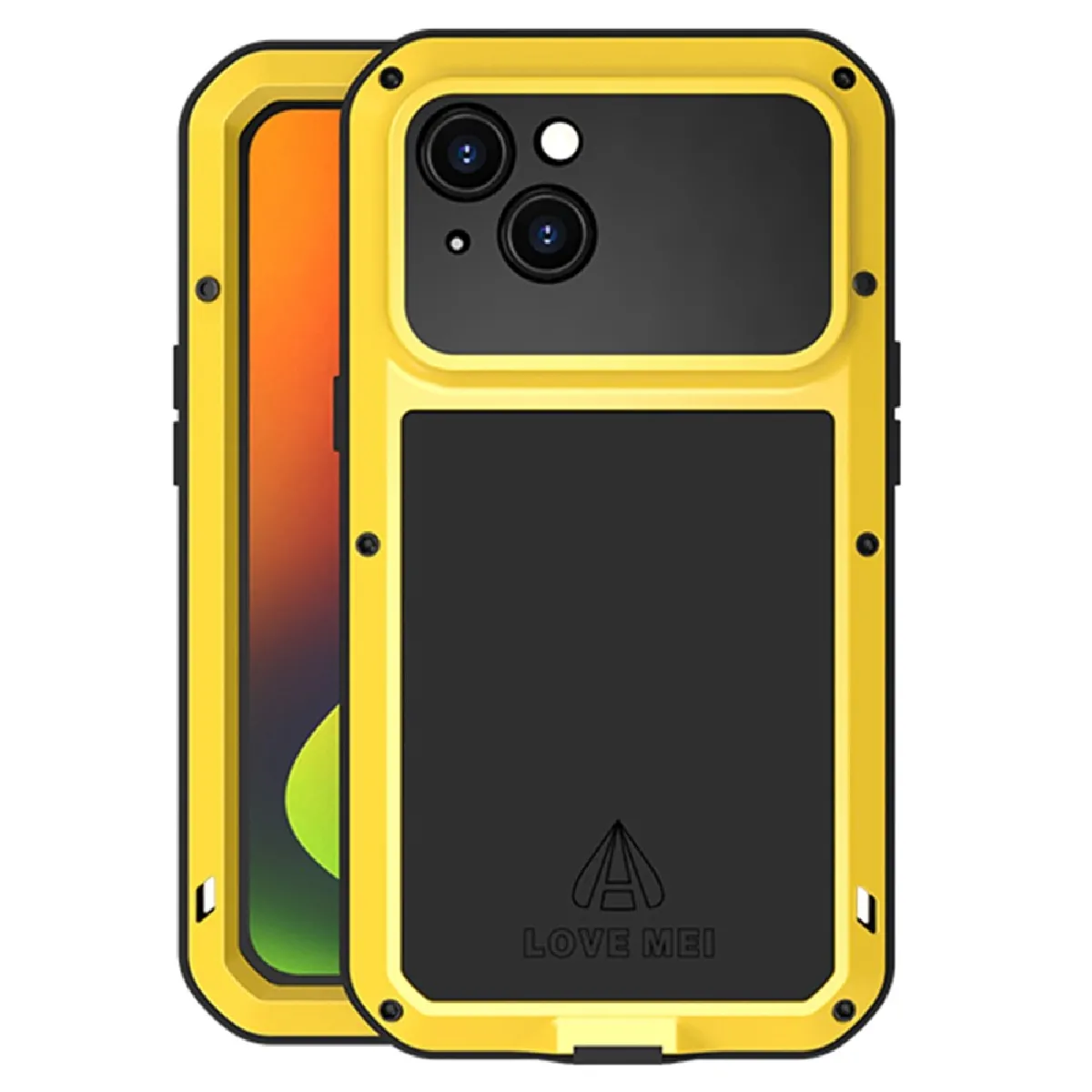 Coque en silicone + métal LOVE MEI antichoc, étanche à la poussière pour votre iPhone 14 - jaune