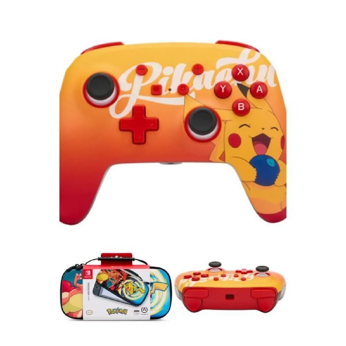 Manette SWITCH Filaire Nintendo Oran Berry Pikachu Officielle + Sacoche Switch Pokemon - Pikachu vs. Dracaufeu