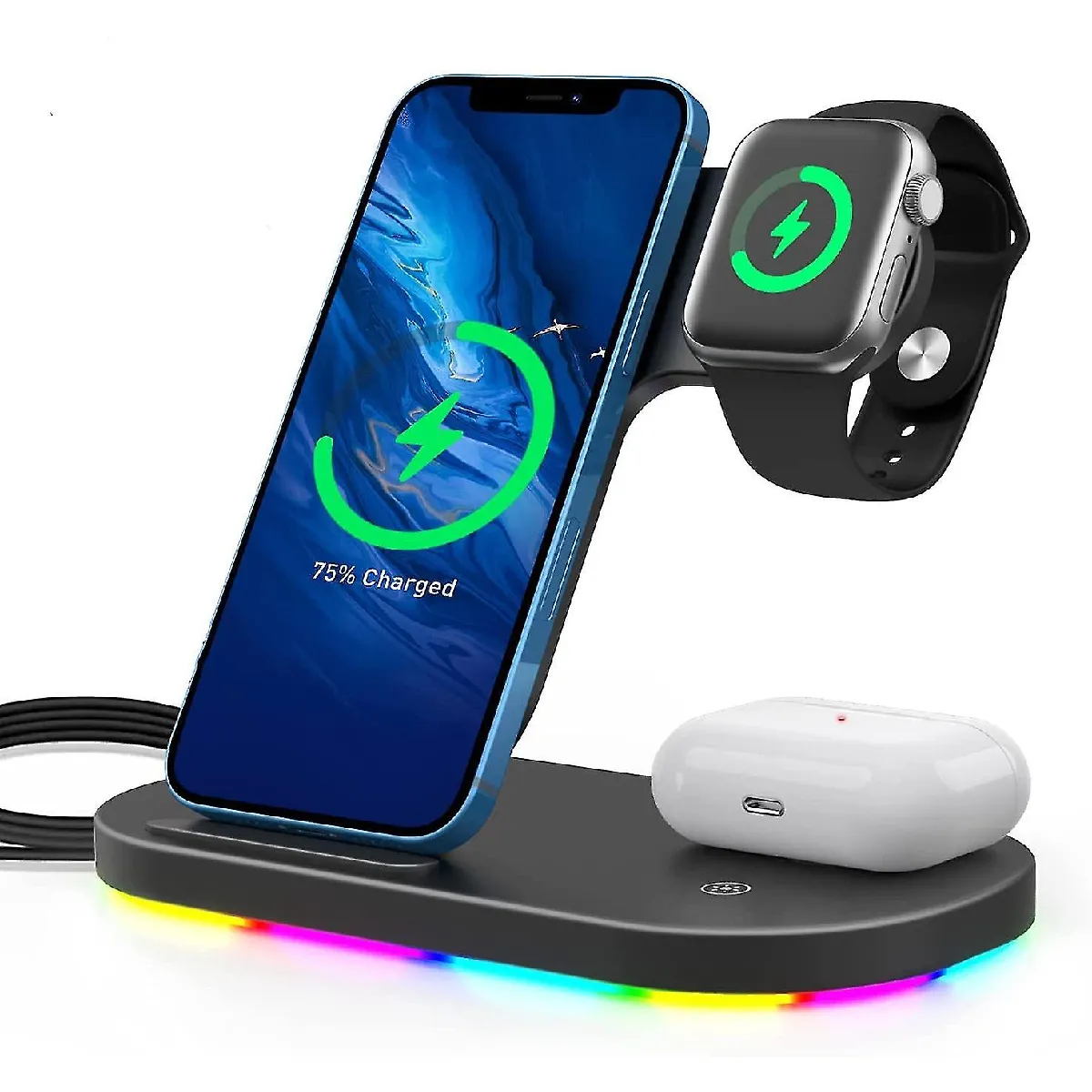 CHARGEUR DE LA SUR LA SUR LA SORGE INTRIÉRE, 3 sur 1 station de charge sans fil compatible avec Apple Watch Series SE 6 5 4 3 2, Airpods Pro 2, iPhone 12, 11 Pro Max, 11Black