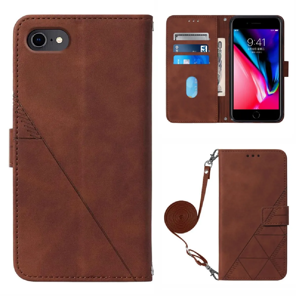 Etui en PU motif de lignes avec bandoulière marron pour votre iPhone 6 4.7-pouces/7 4.7 pouces/8 4.7 pouces/SE (2nd Generation)