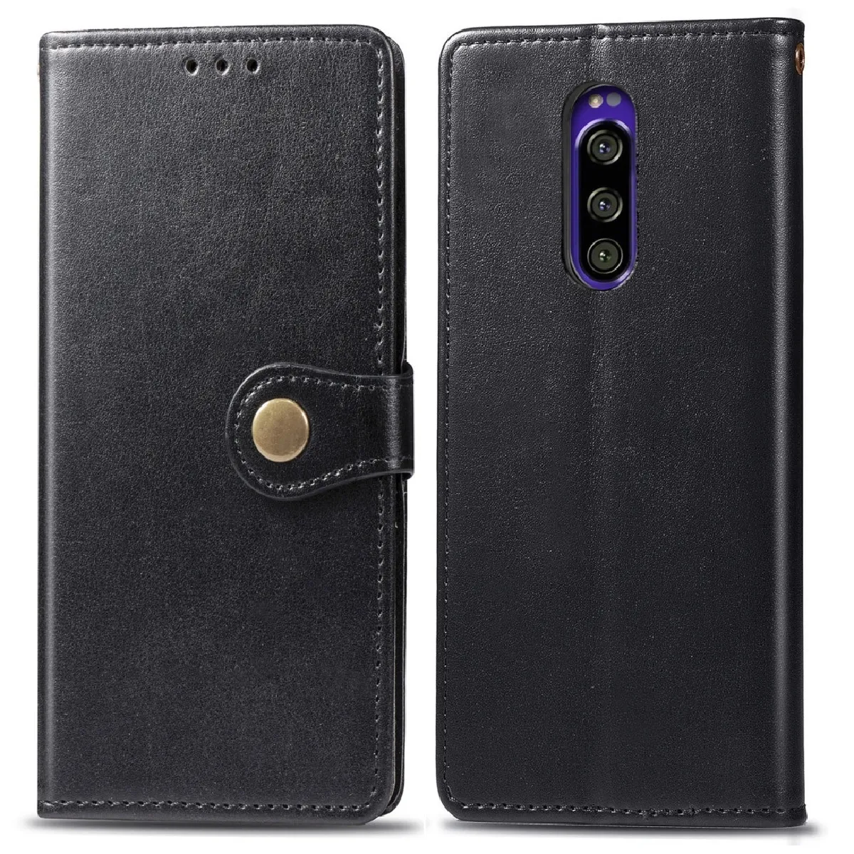 Housse Coque Etui en cuir de couleur unie avec boucle pour téléphone mobile et de protection téléphonecadre photo et logement carteporte-monnaie et support Sony Xperia XZ4 noir